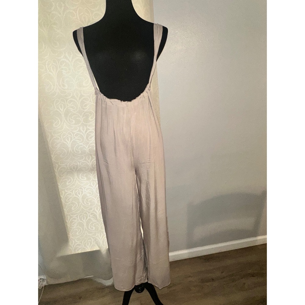 Zenana Womens Wide Leg Jumpsuit Taupe Low Back Tie Detail Sleeveless- L